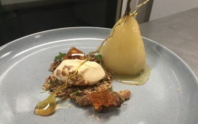 Poached Pear 🍐 with Champagne  Jelly and Cinnamon ice cream